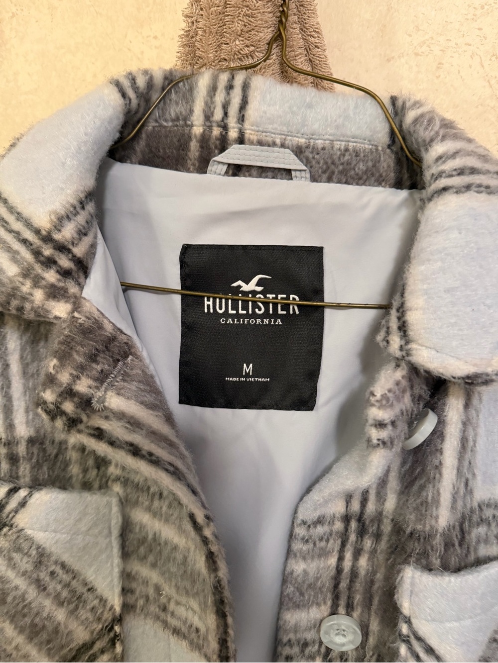 Hollister Soft Plaid Teddy Jacket in Light Blue and Gray